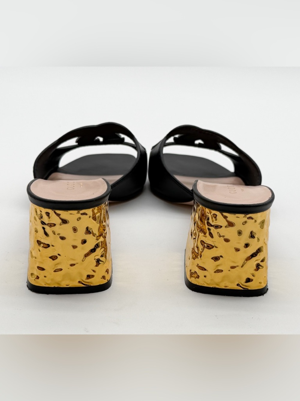 Gucci Cosmos Cut Out GG Slide Black Leather Sandals Gold Heel EU 39.5 US 9.5 - Picture 4 of 11